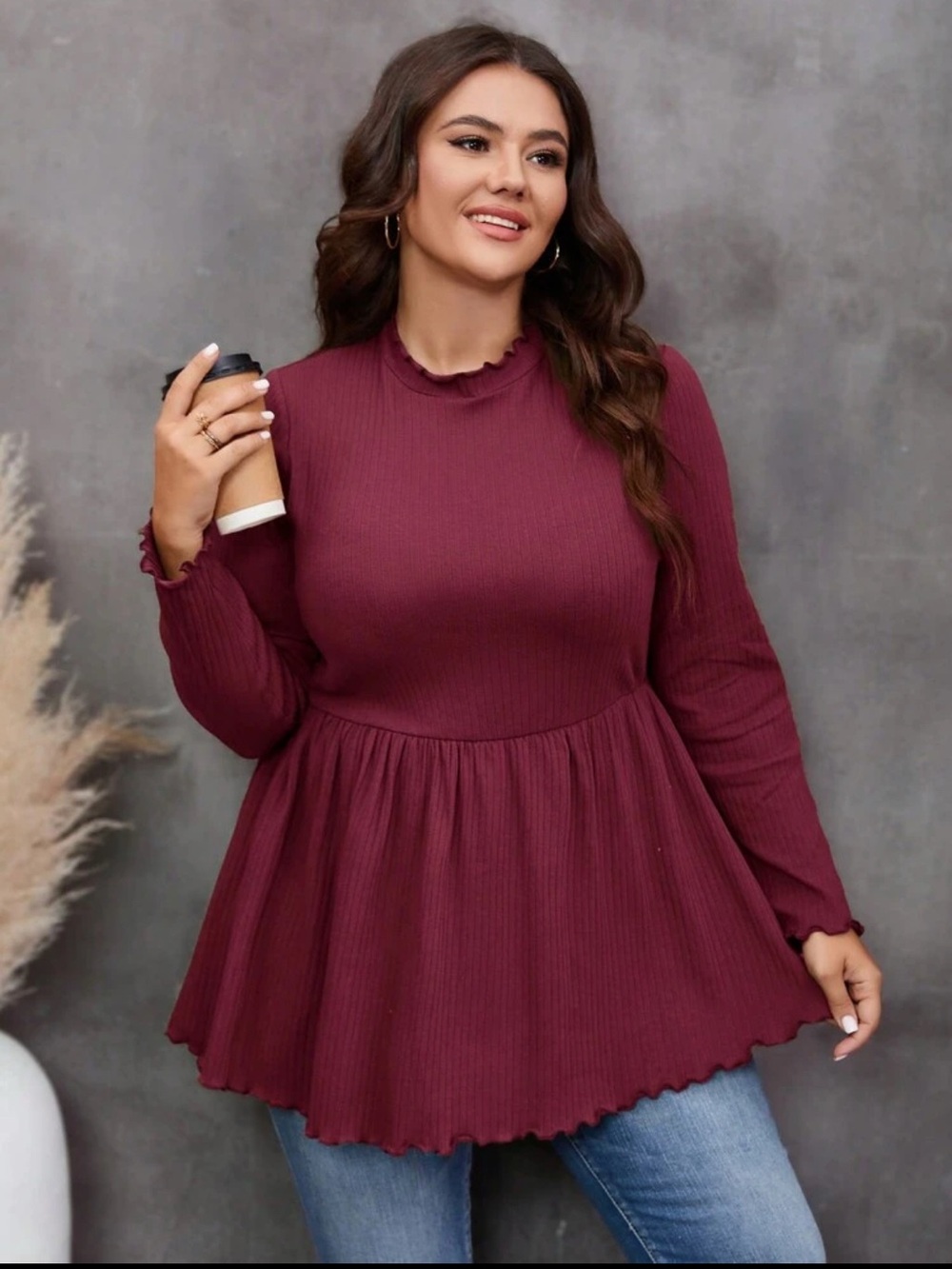 SHEIN curve long sleeve peplum Top - Burgundy